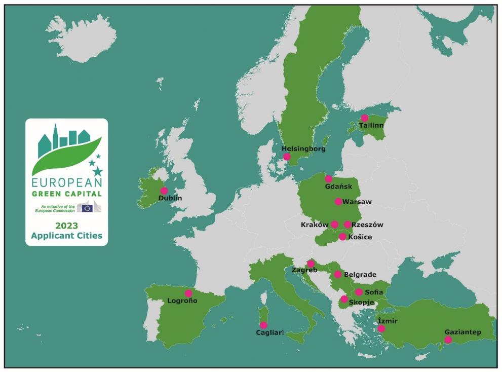 Map of European Green Capital 2023 entrants.