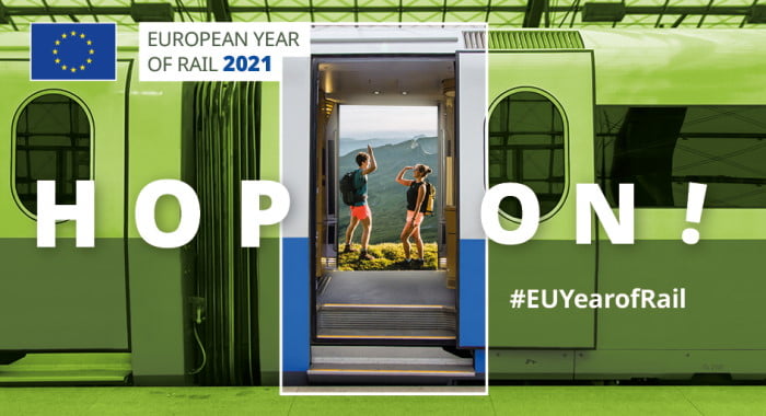 Hop on! - promotional poster from the European Year of Rail