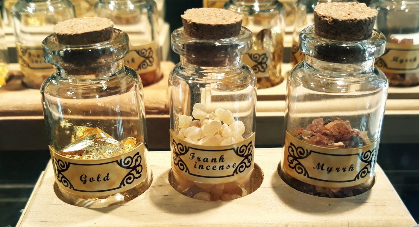 Gold, Frankincense, and Myrrh in glass jars