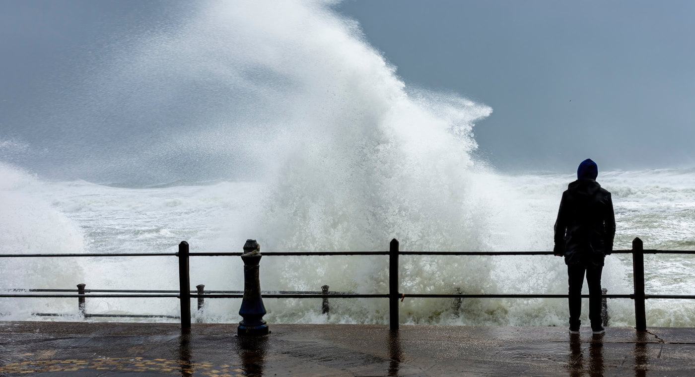 Waves batter the seashore during Storm Eunice